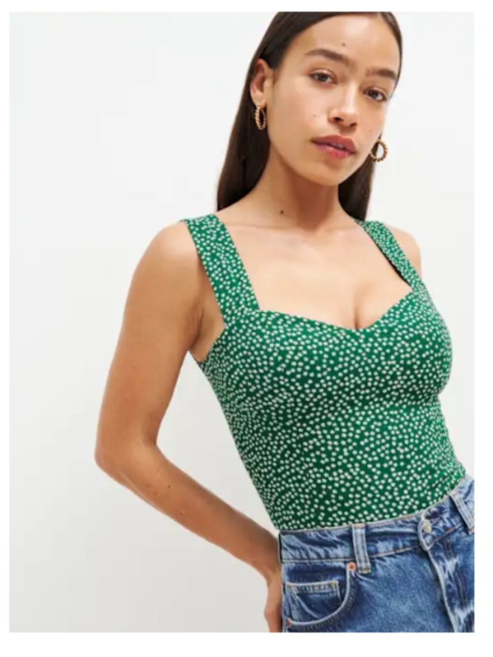 Reformation Green Ditsy-Dot Square-Neck Crop Top